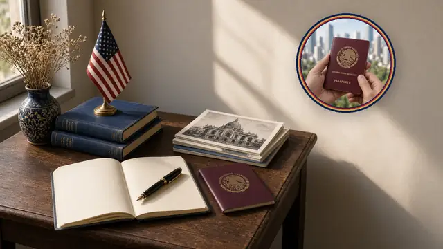 Escritorio de autor en Guadalajara: pluma, cuaderno, pasaporte mexicano y bandera de EE. UU. Sin retrato