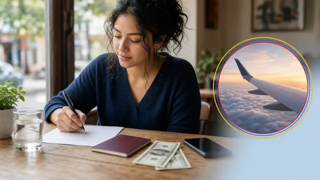 Dólares y pasaporte sobre una mesa clara, para el costo de la visa americana en Colombia
