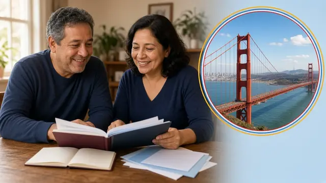 Pasaporte abierto junto a una carpeta de documentos para renovar la visa americana