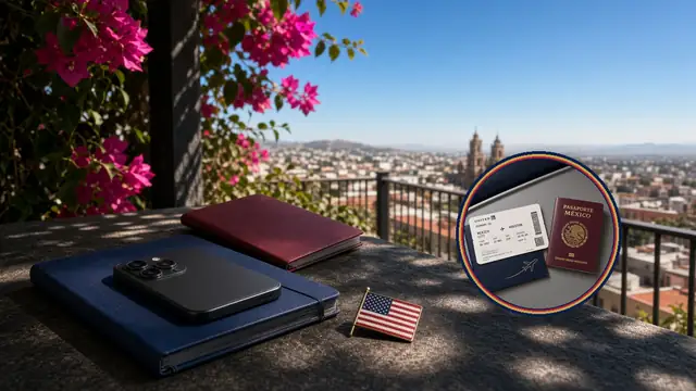 Teléfono boca abajo, pasaporte mexicano y pin de EE. UU. en un balcón de Guadalajara