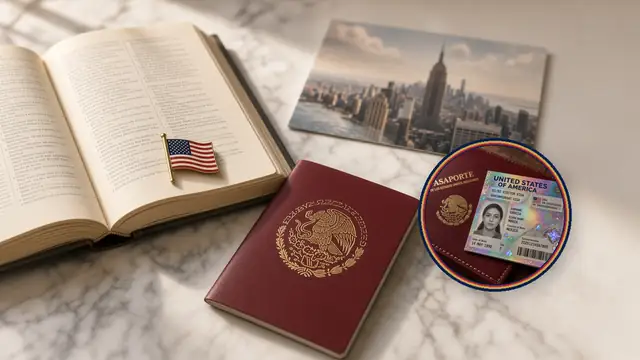 Diccionario abierto, pasaporte mexicano y un pin de la bandera de EE. UU. sobre mármol