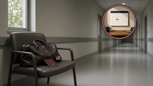 Silla de pasillo de clínica, bolso de viaje y pasaporte mexicano