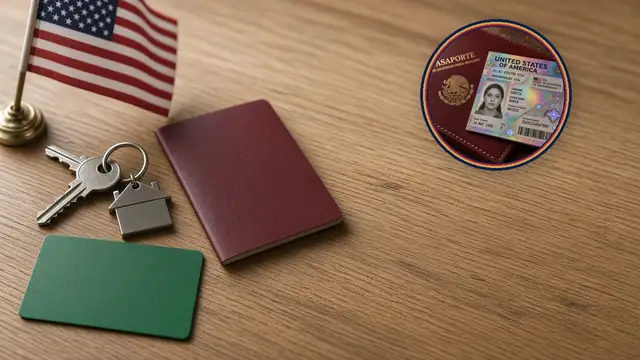 Tarjeta verdosa boca abajo, llaves de casa y pasaporte mexicano; no es la B1/B2