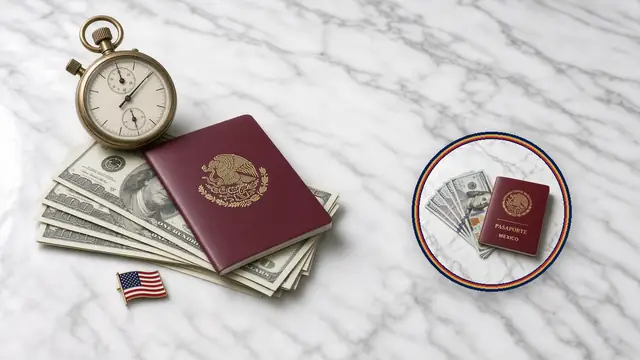 Cronómetro, dólares y pasaporte mexicano sobre mármol blanco