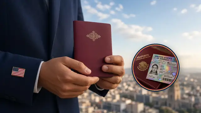 Manos cuidadas sostienen un pasaporte mexicano cerrado, pin de EE. UU. en el blazer