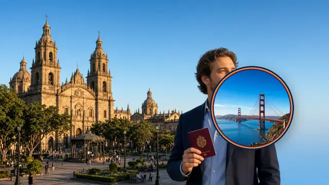 Viajero con pasaporte mexicano frente a la Catedral de Guadalajara, listo para tramitar la visa americana