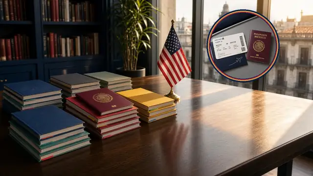 Mesa de biblioteca con guías de viaje, pasaporte mexicano y bandera de EE. UU