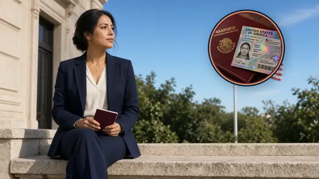 Mujer serena en una banca soleada frente al consulado, pasaporte cerrado, bandera de EE. UU. al fondo