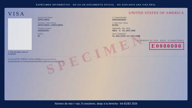 Espécimen informativo del foil B1/B2 2026: foto vacía, marca SPECIMEN y el número de visa en rojo de ocho caracteres abajo a la derecha. No es un documento oficial.