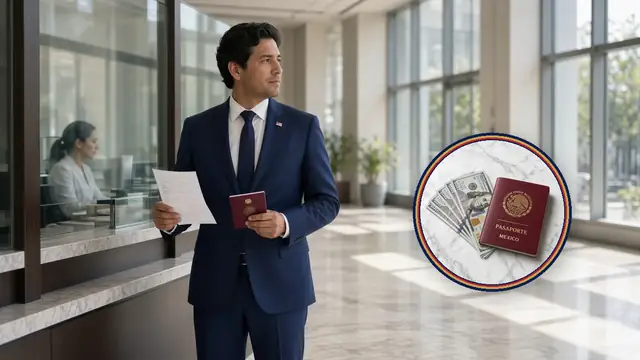 Hombre de traje navy paga en una ventanilla bancaria moderna con el pasaporte en la mano