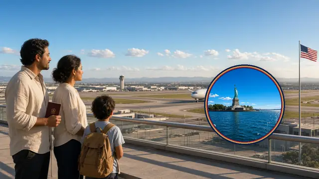 Familia mexicana en la terraza del aeropuerto mira un avión; el menor se ve de espaldas