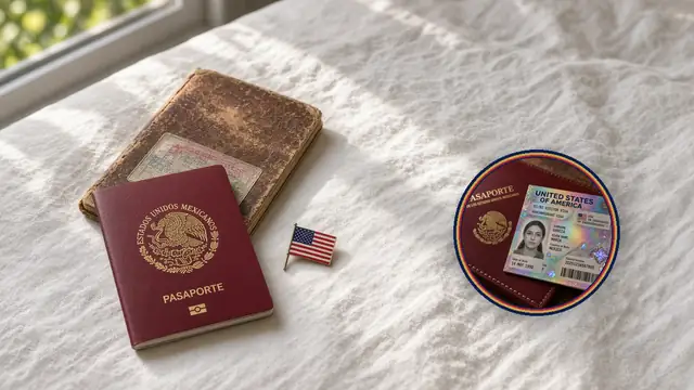 Pasaporte nuevo junto a uno usado con foil de visa de EE. UU. sobre lino blanco