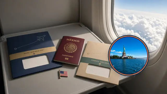Dos sobres de pase de abordar y pasaporte mexicano en la bandeja del avión