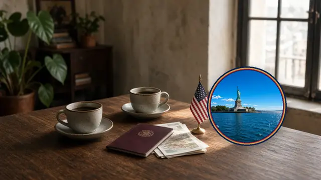 Dos tazas, pasaporte mexicano y guías en una mesa de loft en Guadalajara