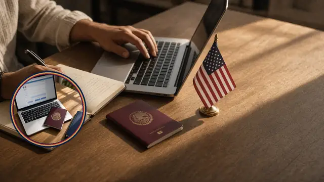 Manos copian notas a una laptop con pasaporte mexicano y bandera de EE. UU