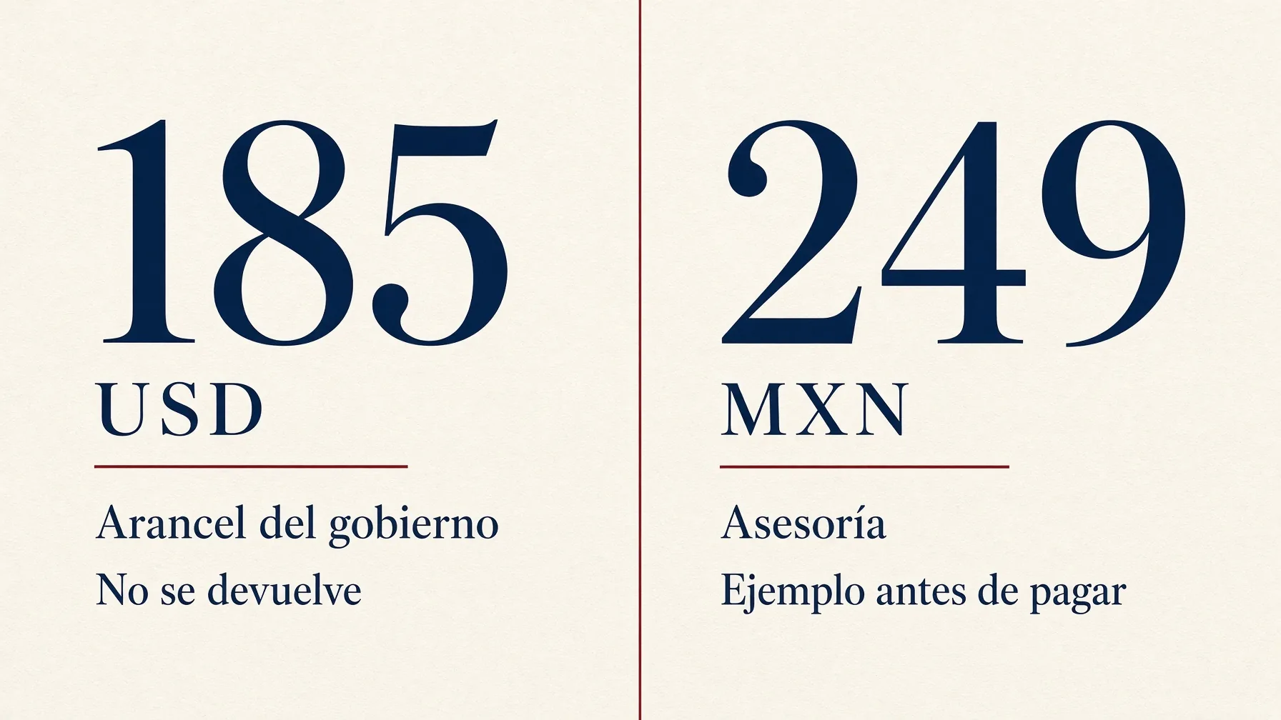 Infografía: 185 dólares de arancel del gobierno y 249 pesos de asesoría.